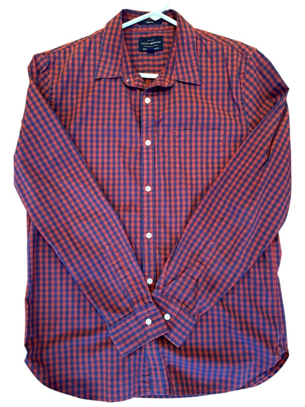 Lucky Brand Men's M Red Navy Checked Button Down Long sleeve Saturday Stretch